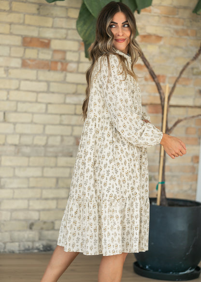Printed Cotton Half Button Midi Dress FF Tops