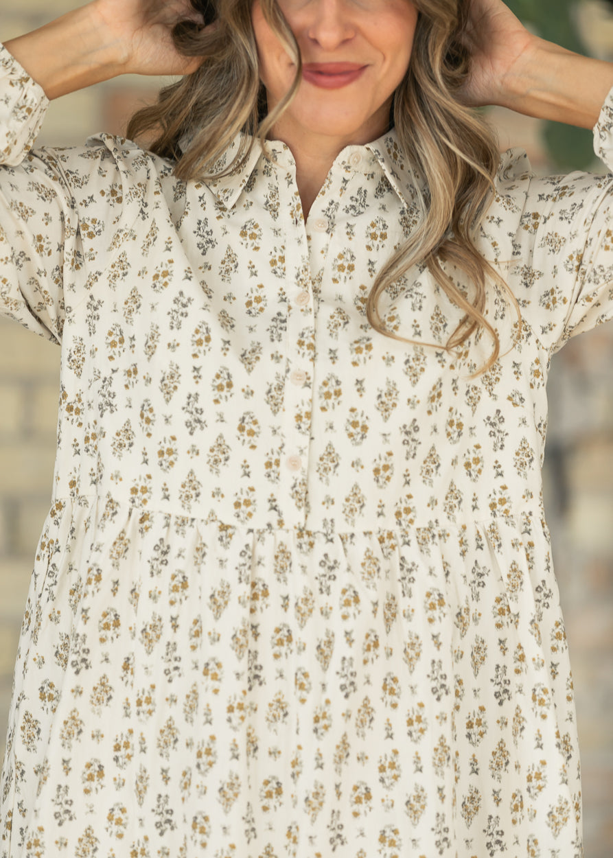 Printed Cotton Half Button Midi Dress FF Tops