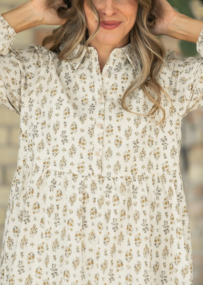 Printed Cotton Half Button Midi Dress FF Tops