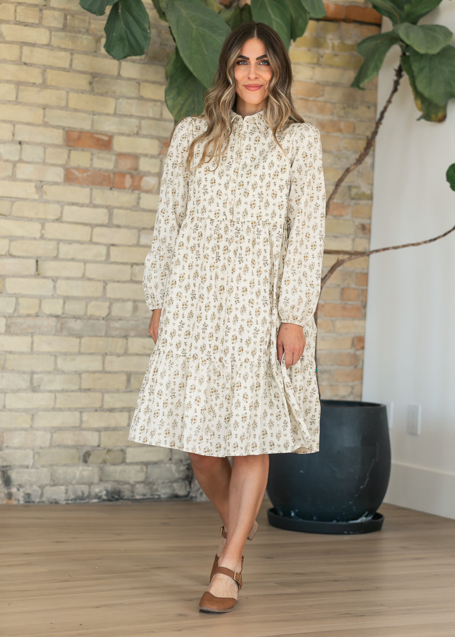 Printed Cotton Half Button Midi Dress FF Tops S