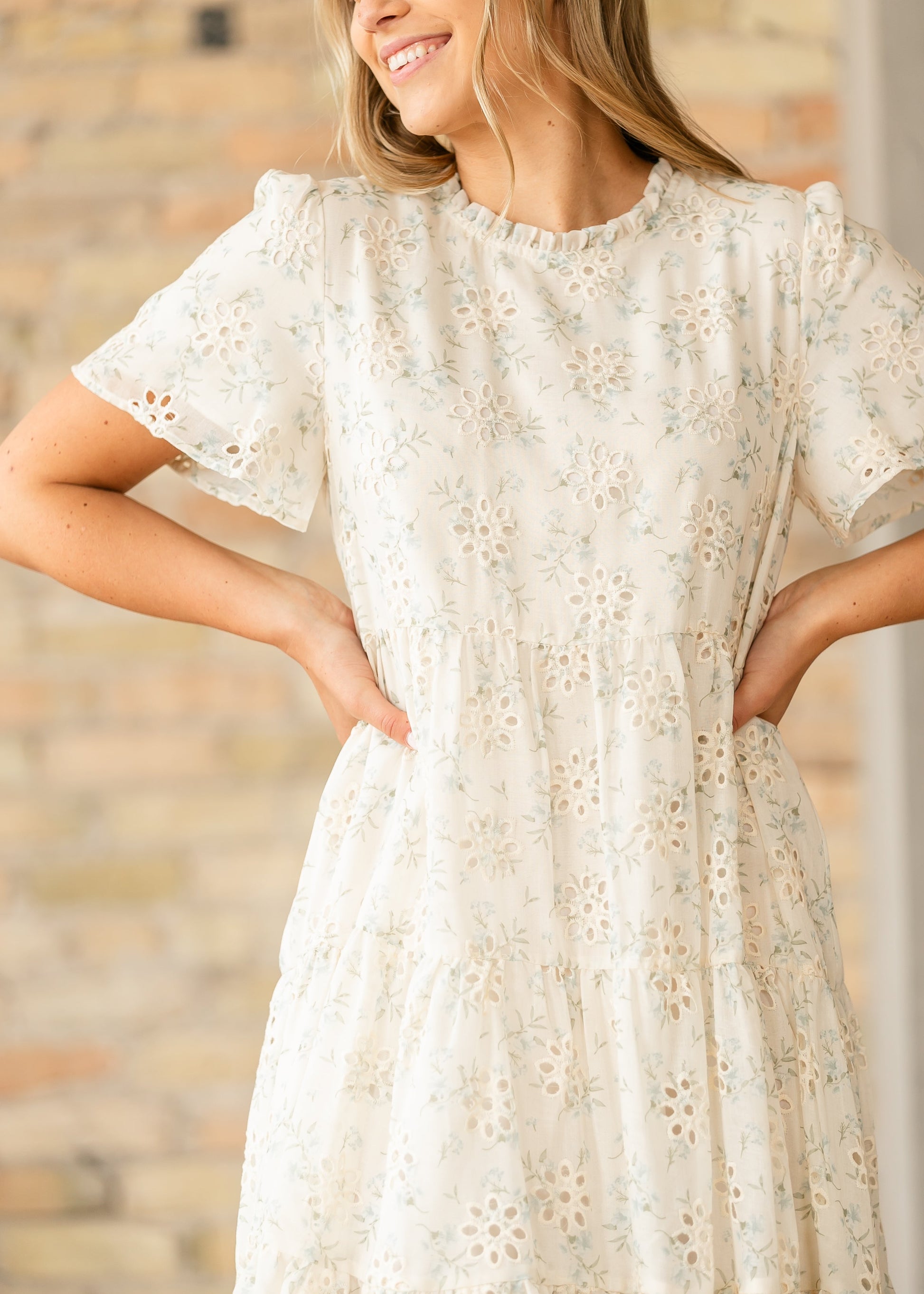 eyelet tiered midi dress Emilia Eyelet V-neck Tiered Midi Dress