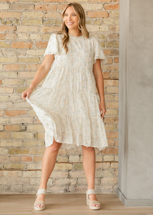 Printed Eyelet Tiered Midi Dress FF Dresses