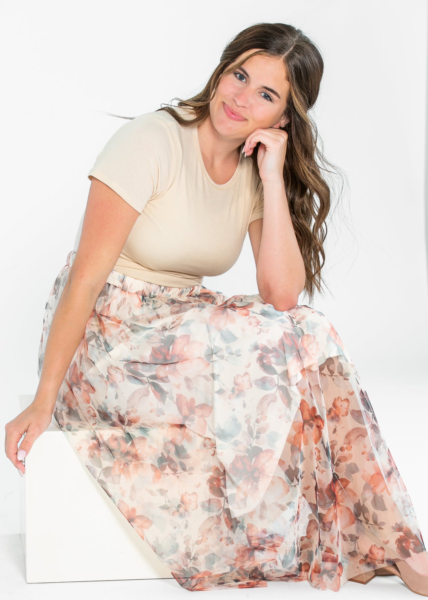 Printed Floral Mesh Midi Skirt FF Skirts