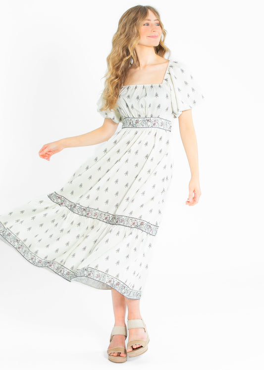 Printed Pattern Bubble Sleeve Midi Dress FF Dresses