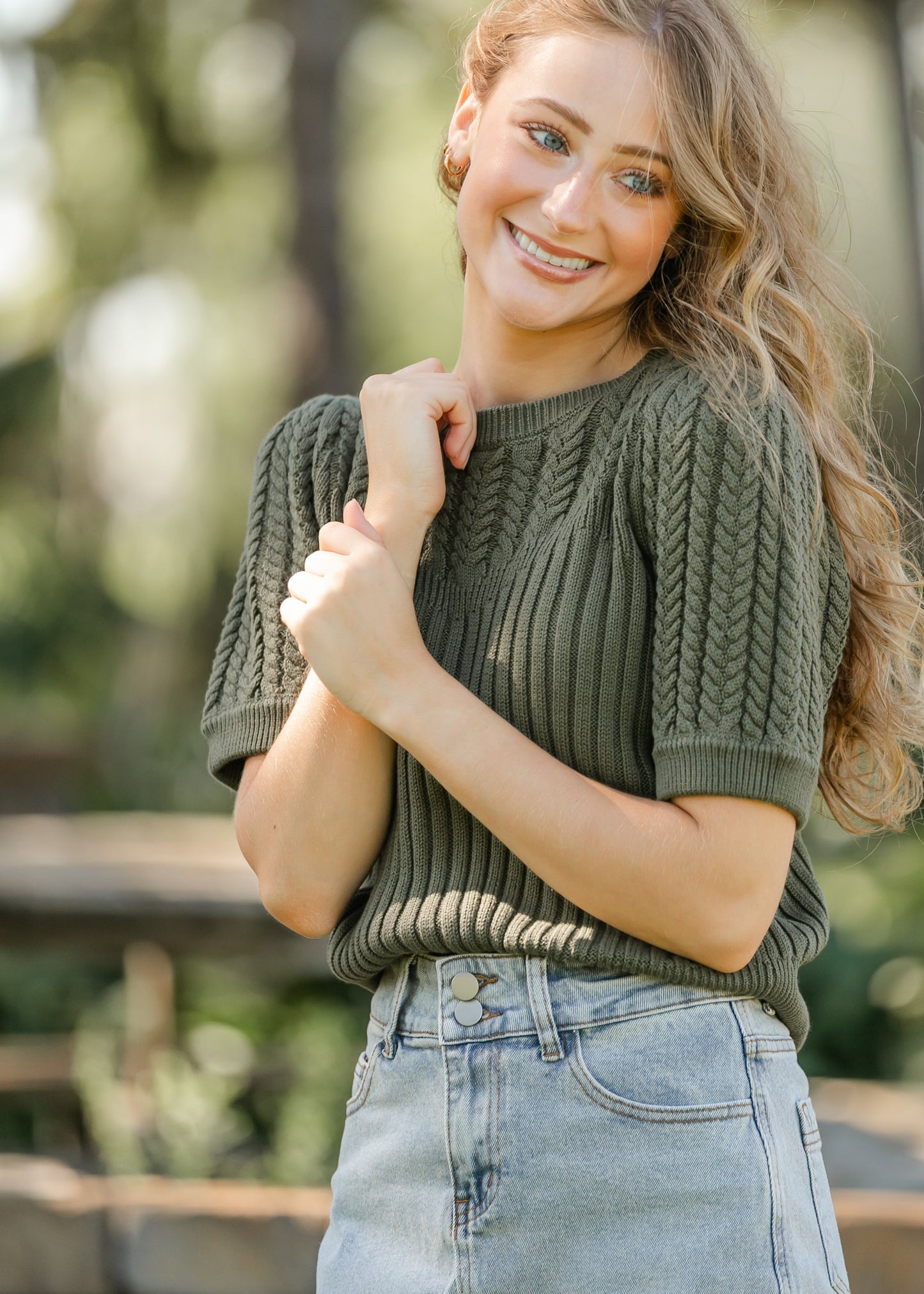 Puff Short Sleeve Cable Knit Sweater FF Tops