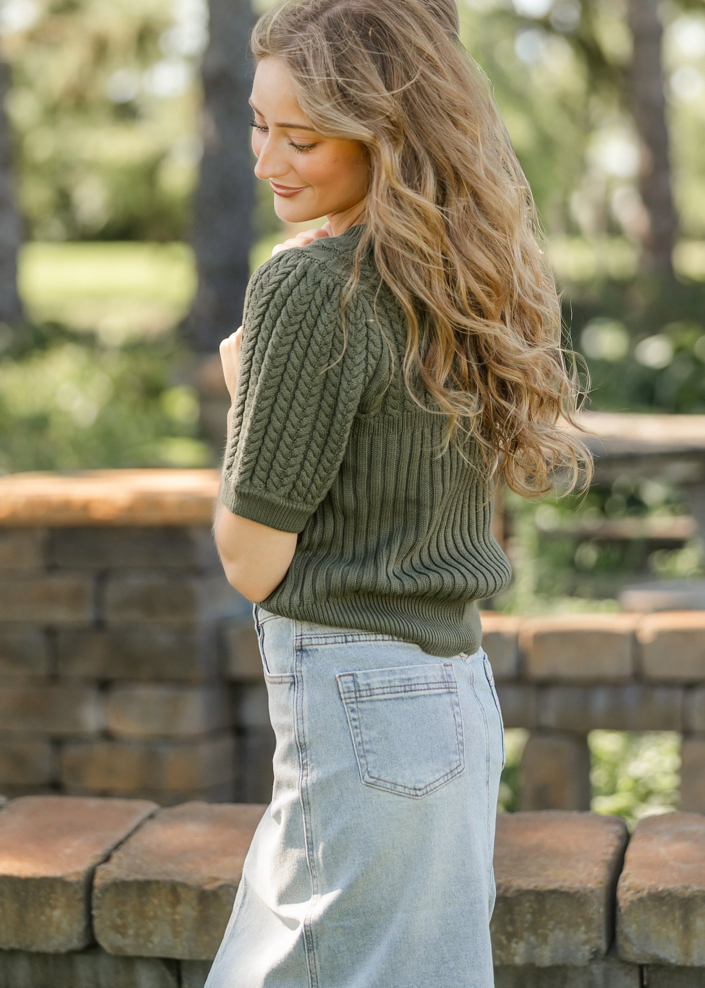 Puff Short Sleeve Cable Knit Sweater FF Tops
