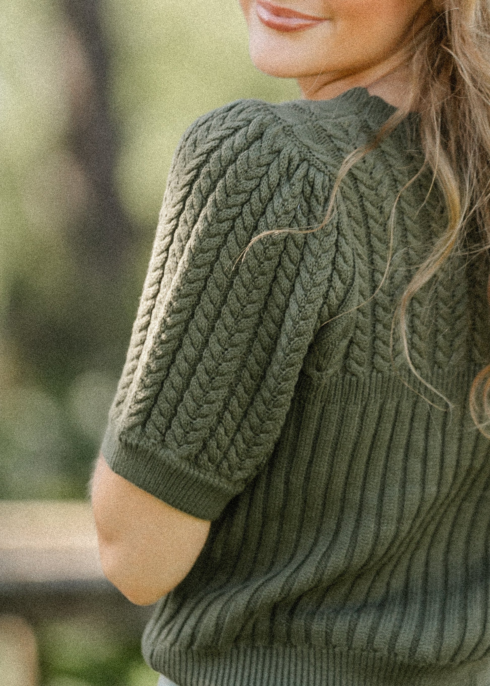Puff Short Sleeve Cable Knit Sweater FF Tops