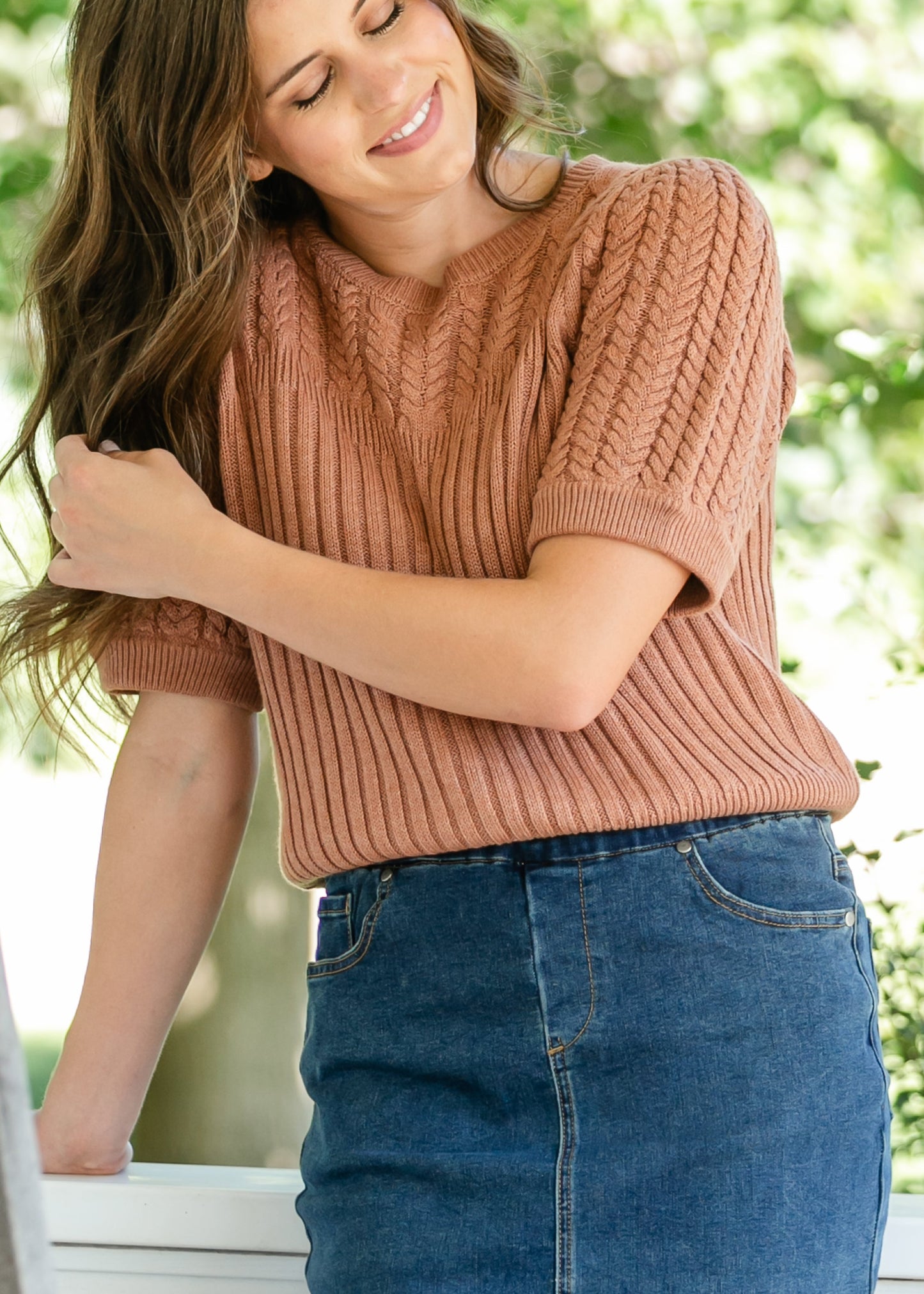 Puff Short Sleeve Cable Knit Sweater FF Tops Cinnamon / S