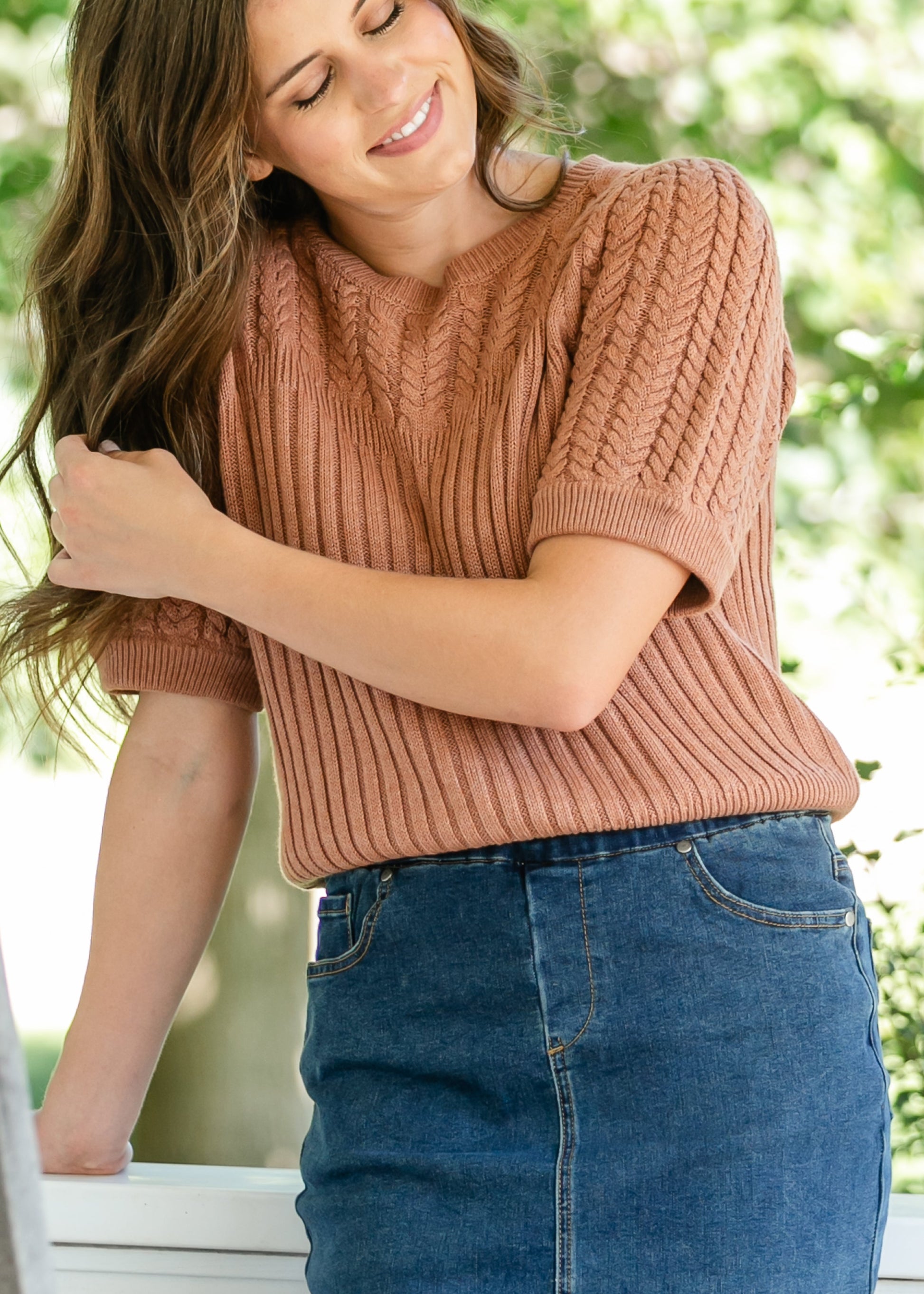Puff Short Sleeve Cable Knit Sweater FF Tops Cinnamon / S