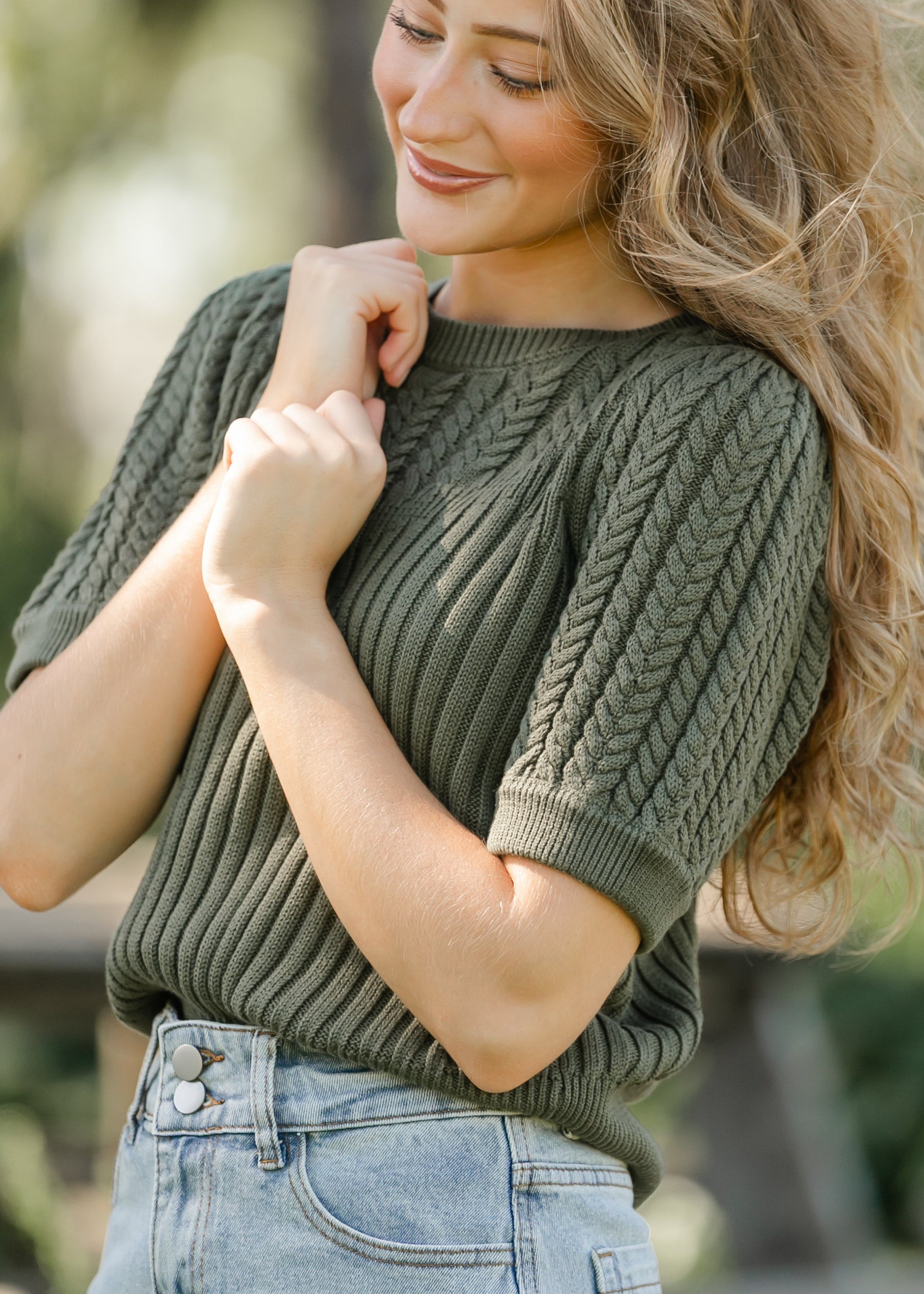Puff Short Sleeve Cable Knit Sweater FF Tops Olive / S