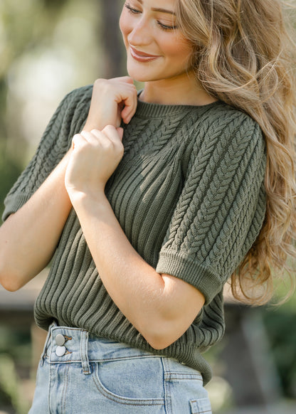 Puff Short Sleeve Cable Knit Sweater FF Tops Olive / S