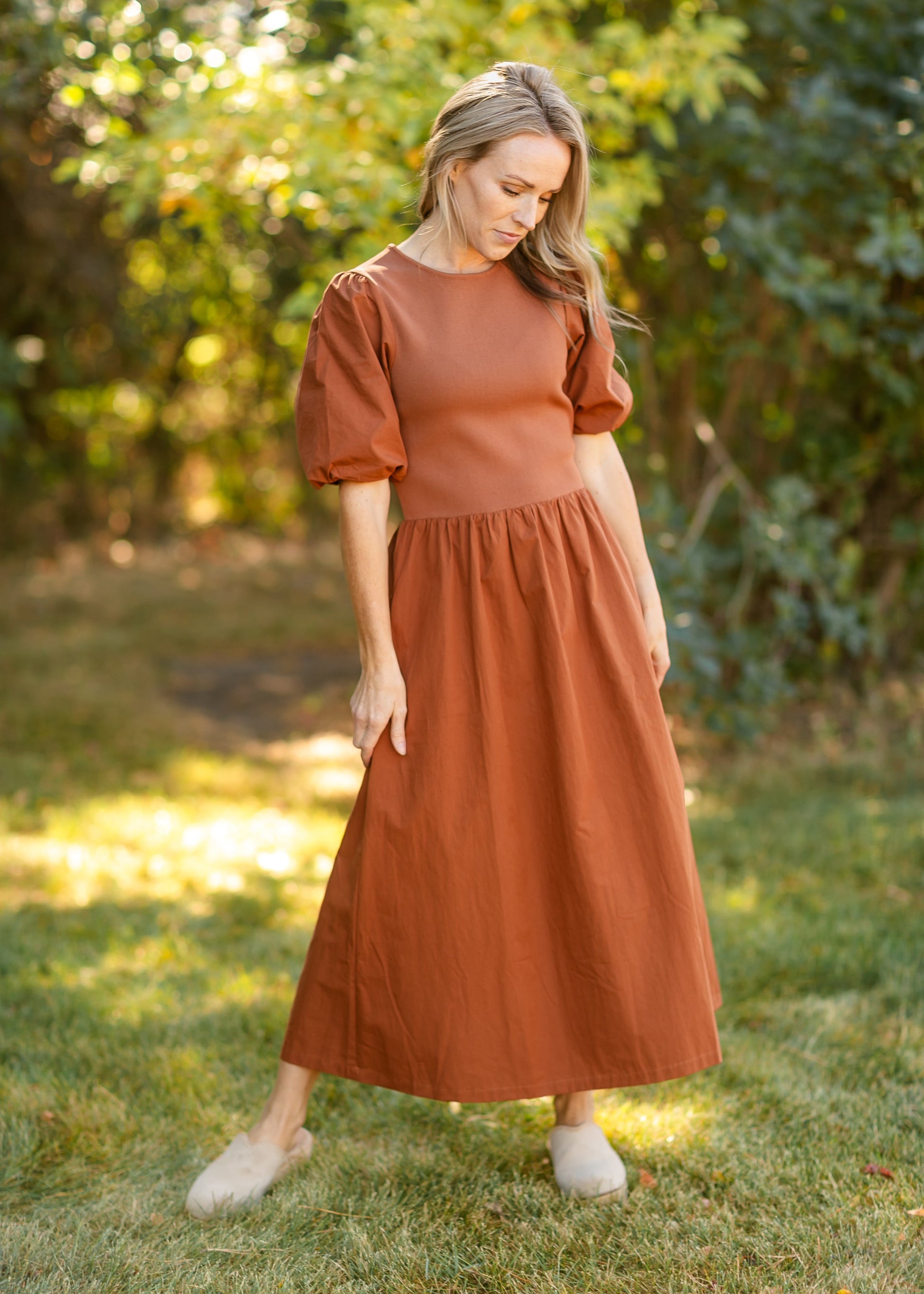 Puff Sleeve Cotton Knit Bodice Midi Dress FINAL SALE – Inherit