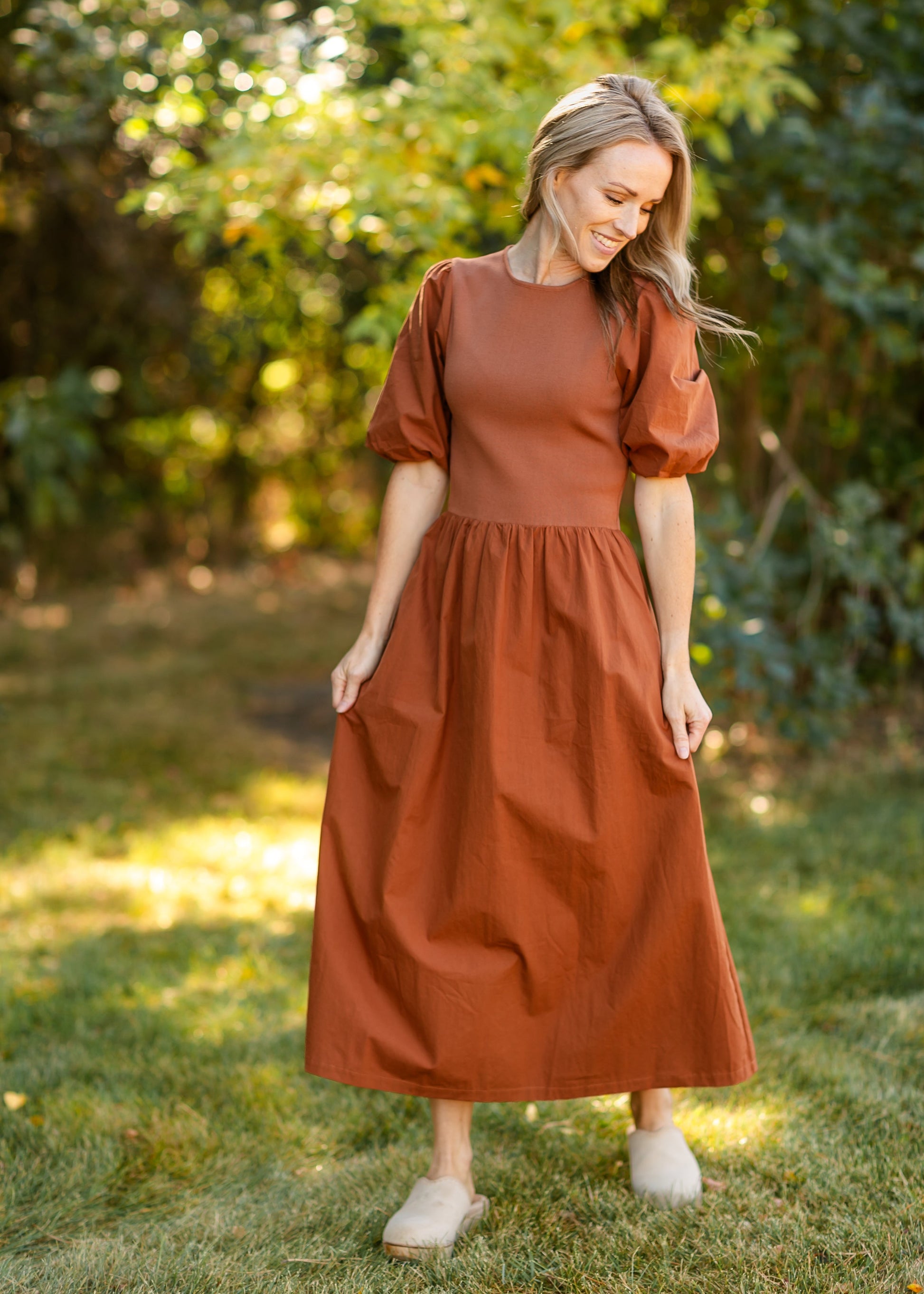 Puff Sleeve Cotton Knit Bodice Midi Dress - FINAL SALE S Puff Sleeve Cotton Knit Bodice Midi Dress - FINAL SALE S