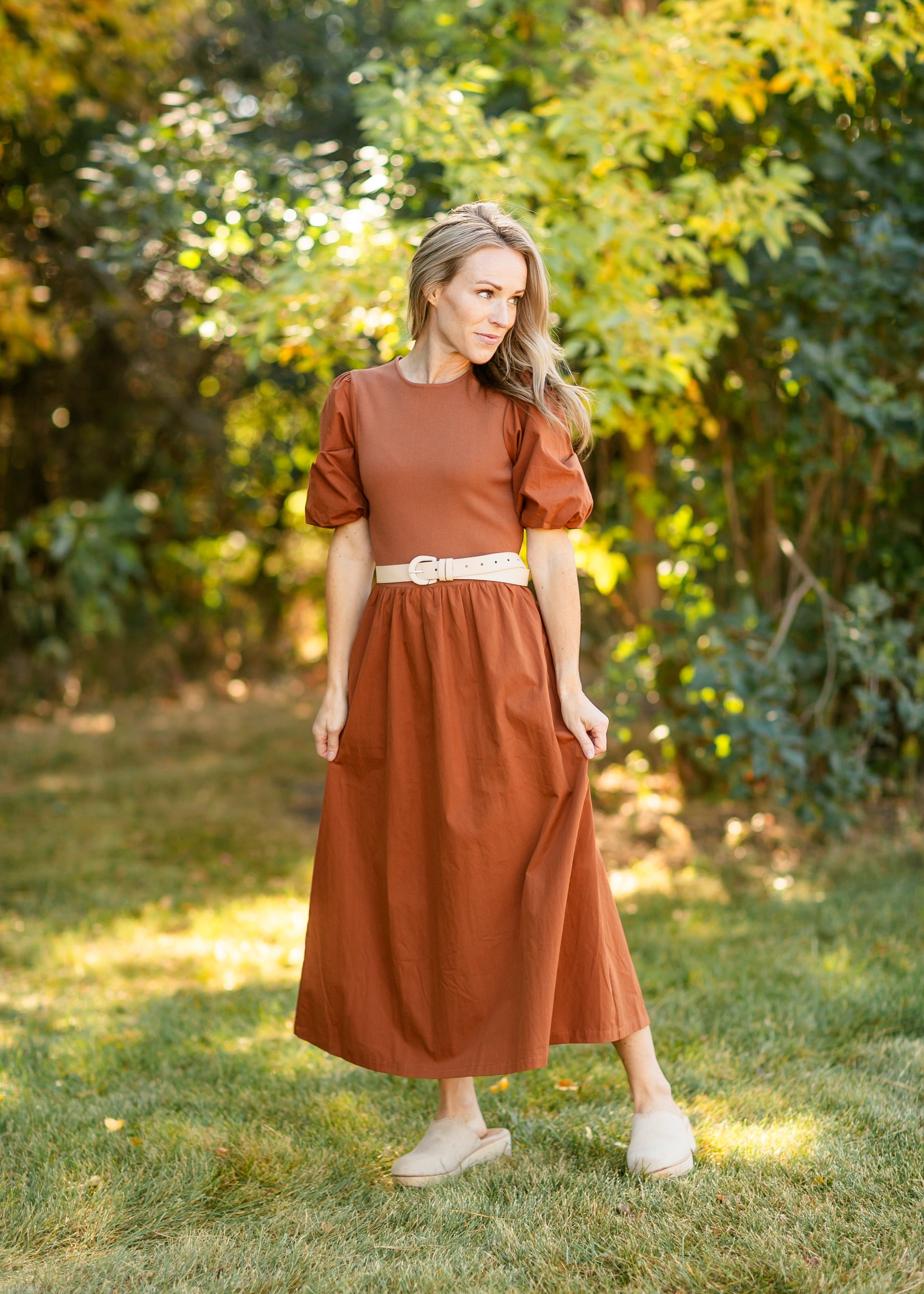 Puff Sleeve Cotton Knit Bodice Midi Dress - FINAL SALE Inherit Co. Puff Sleeve Cotton Knit Bodice Midi Dress - FINAL SALE Inherit Co.