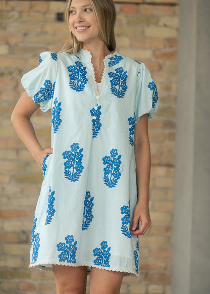 Puff Sleeve Floral Pattern V-neck Dress FF Dresses