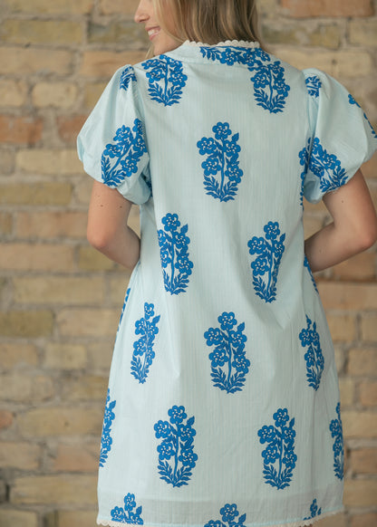Puff Sleeve Floral Pattern V-neck Dress FF Dresses