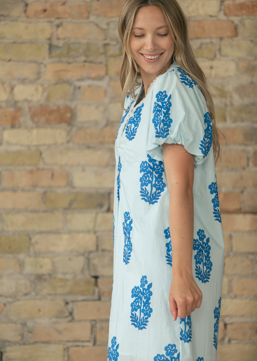 Puff Sleeve Floral Pattern V-neck Dress FF Dresses