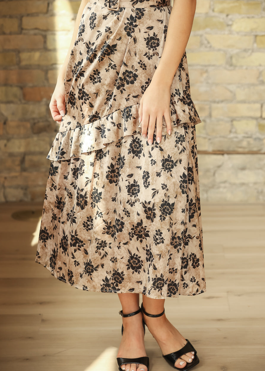 Puff Sleeve Floral Satin Midi Dress FF Dresses