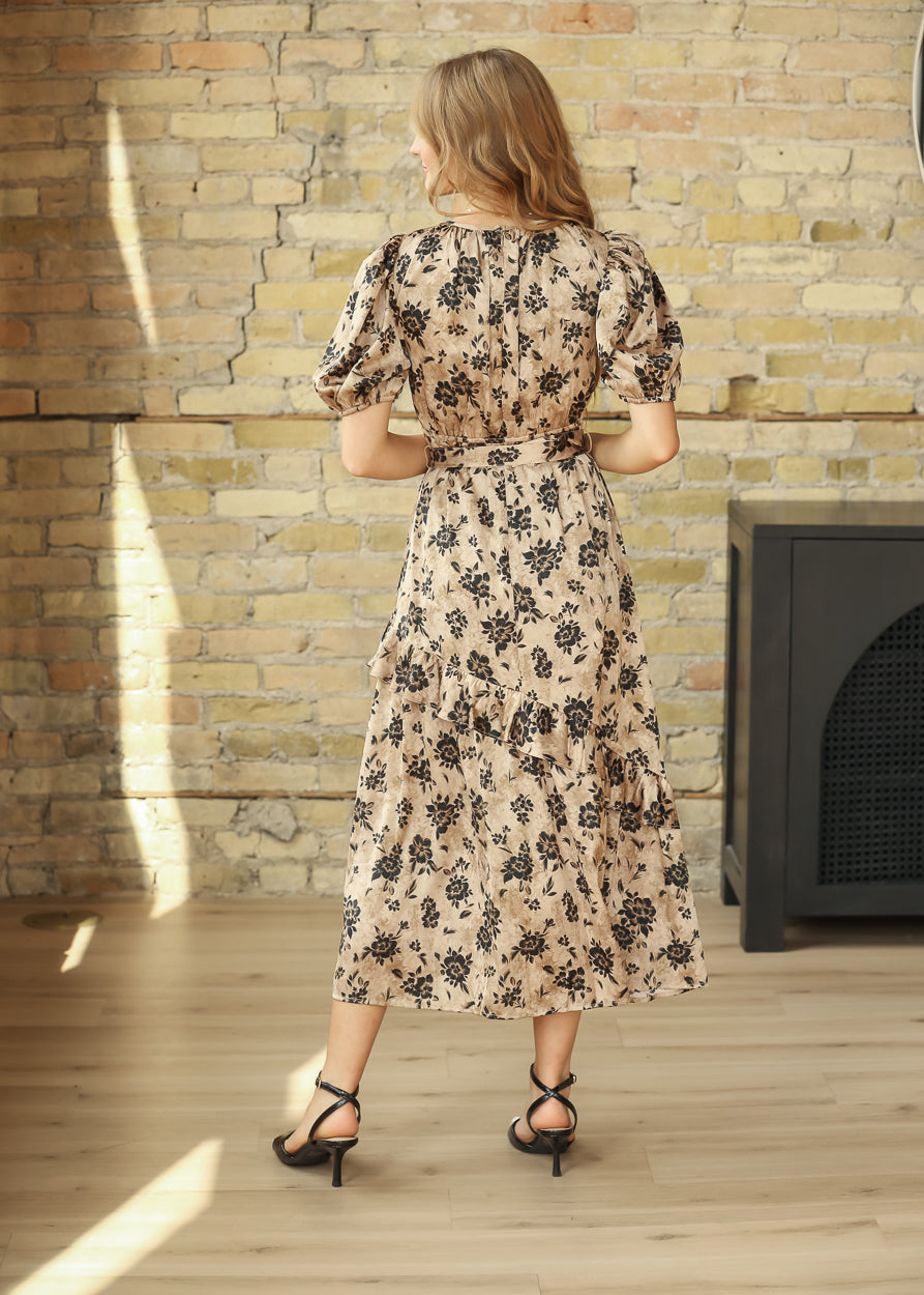 Puff Sleeve Floral Satin Midi Dress FF Dresses