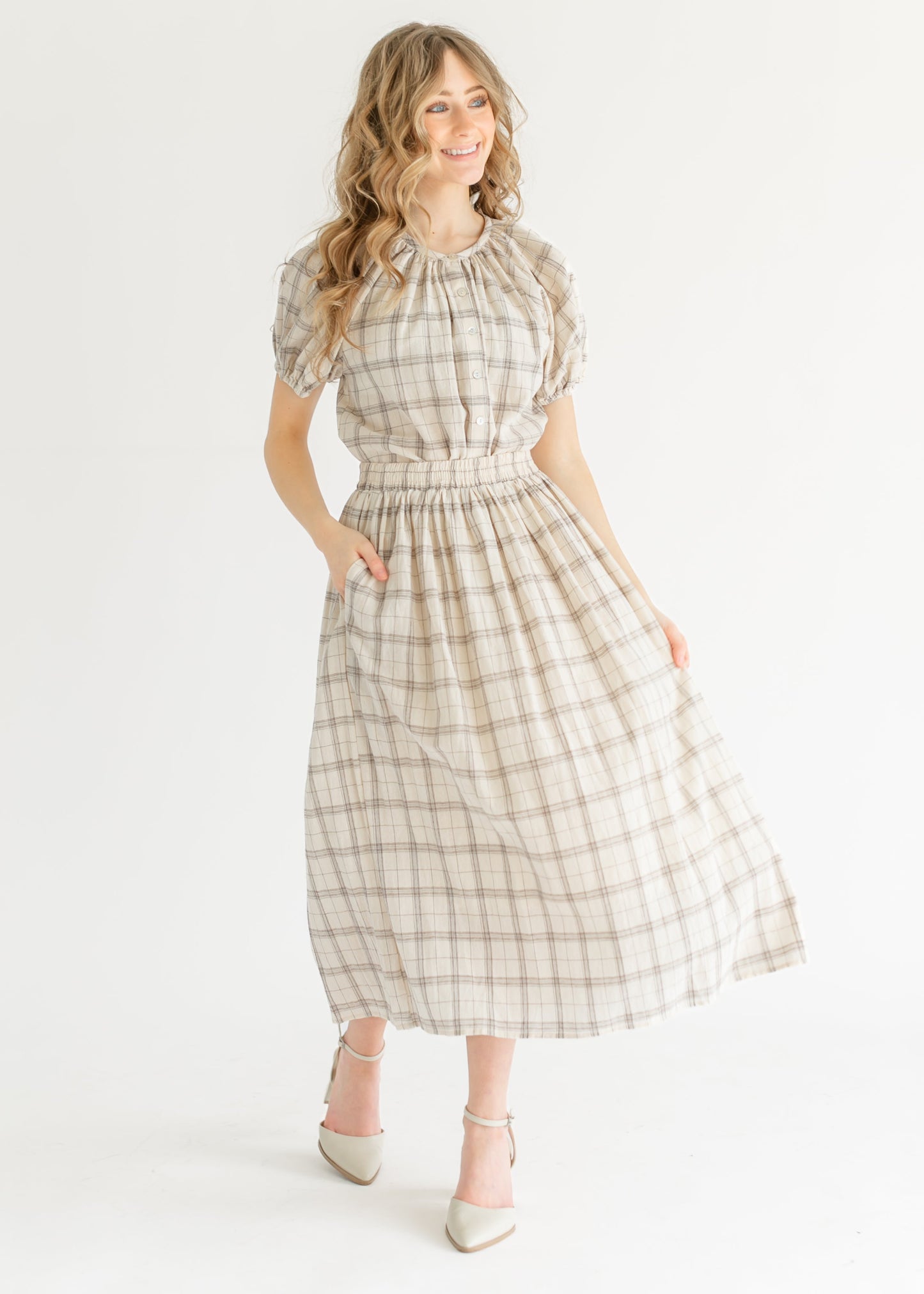 Puff Sleeve Plaid Button Up Top FF Tops