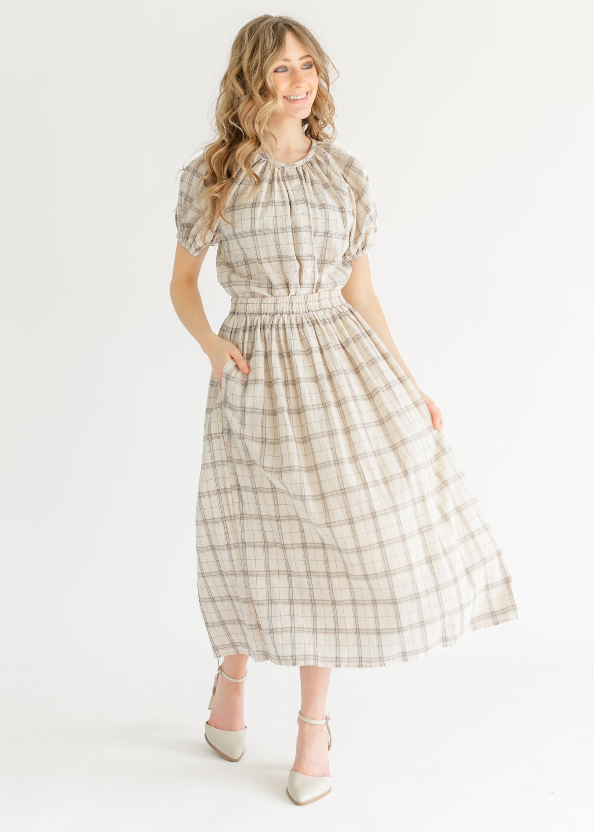 Puff Sleeve Plaid Button Up Top FF Tops
