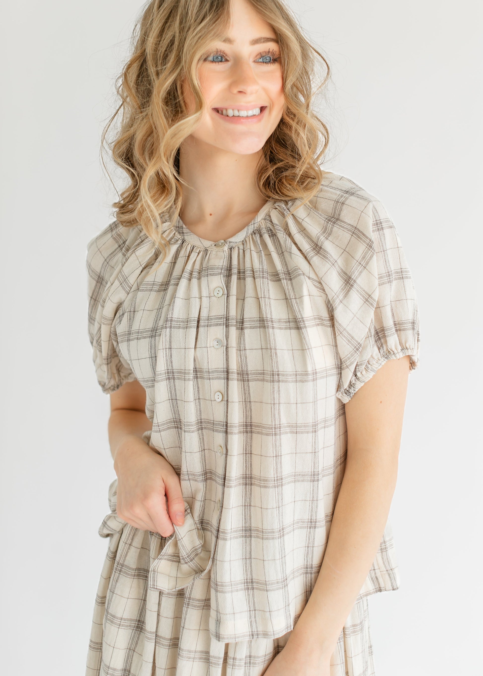 Puff Sleeve Plaid Button Up Top FF Tops