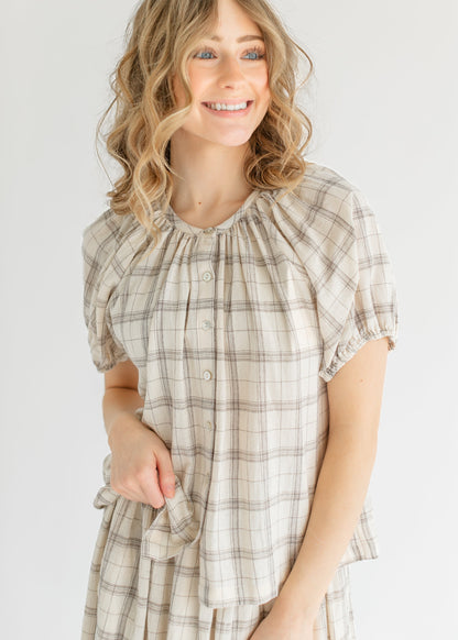 Puff Sleeve Plaid Button Up Top FF Tops