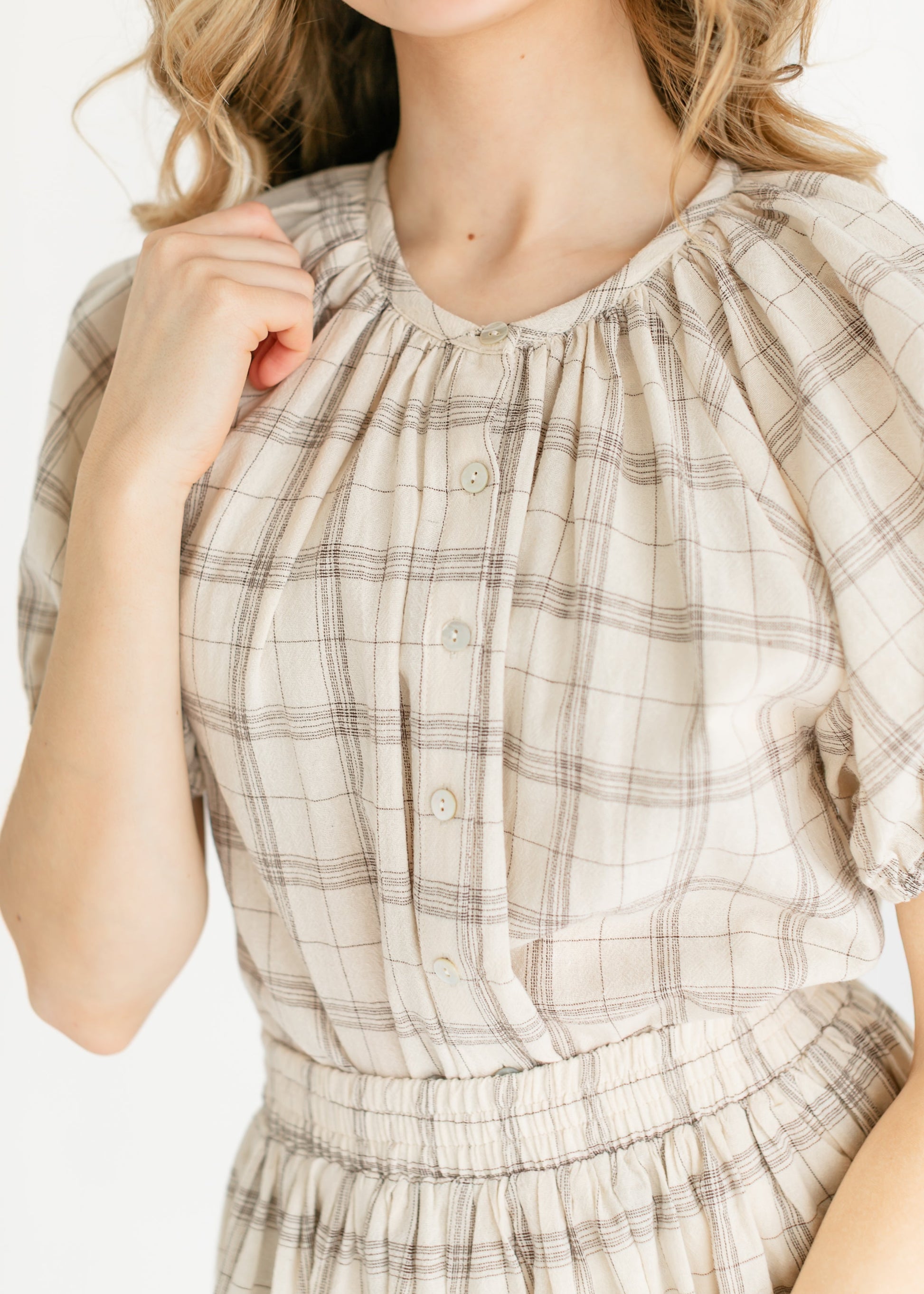 Puff Sleeve Plaid Button Up Top FF Tops