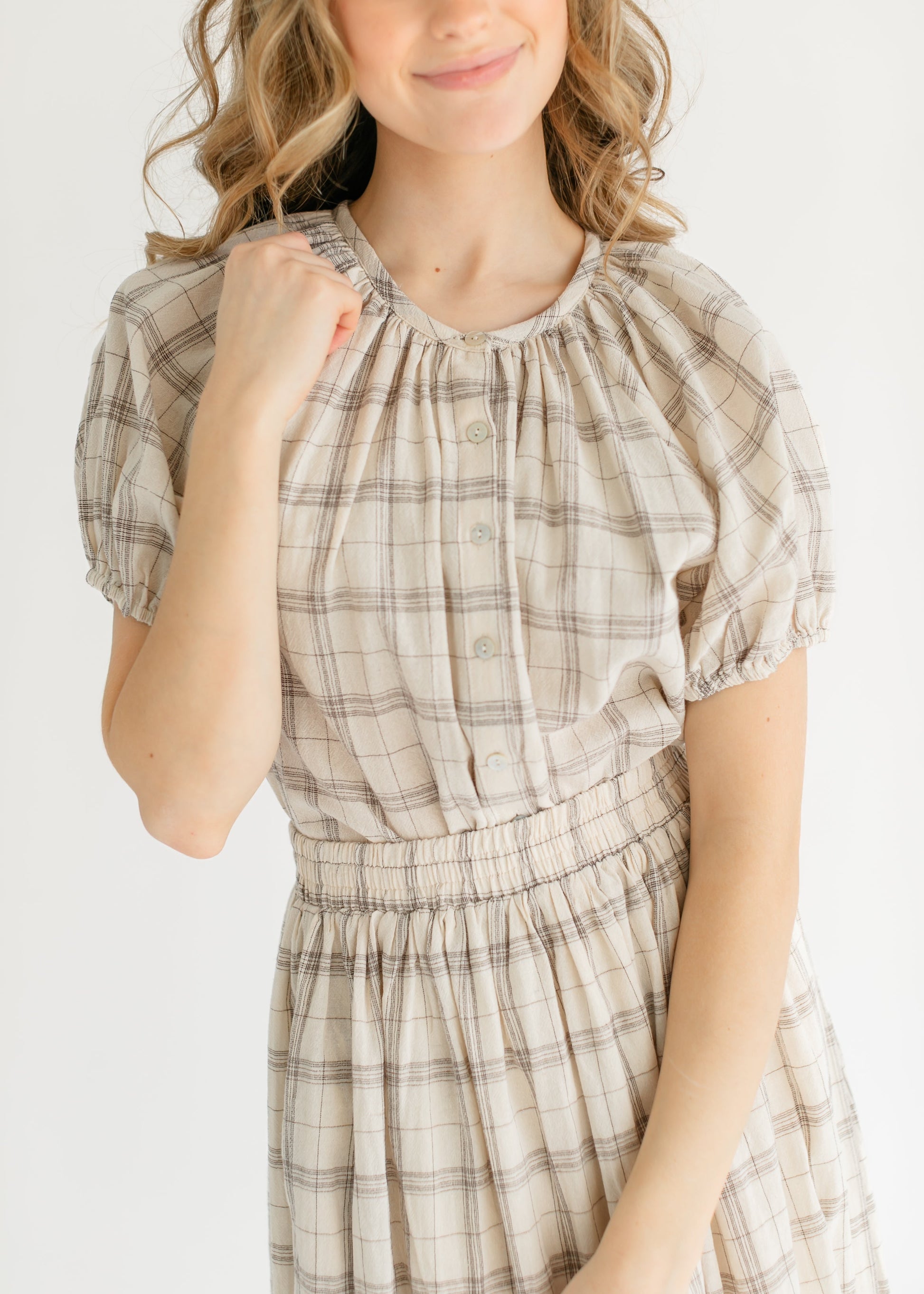 Puff Sleeve Plaid Button Up Top FF Tops