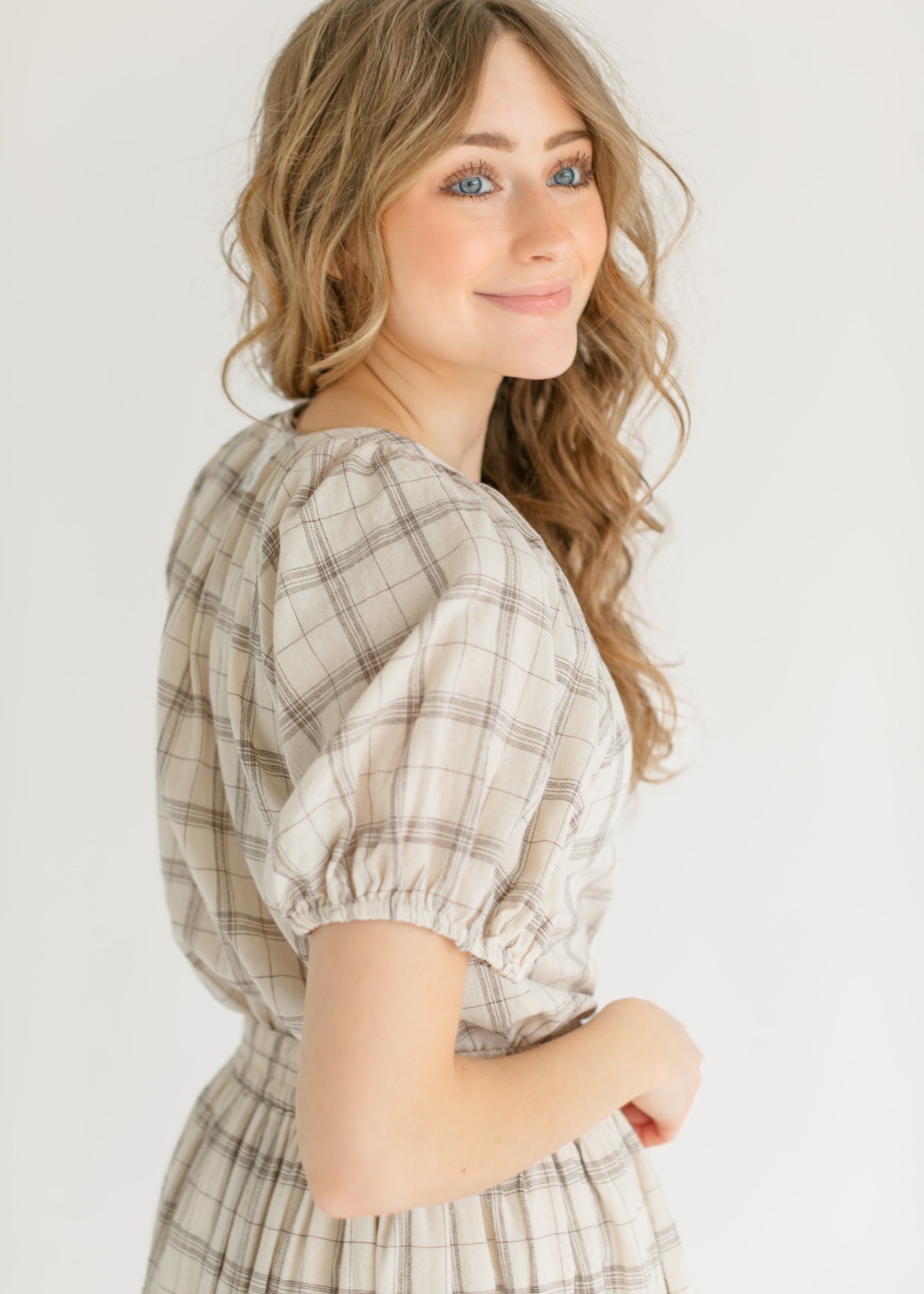 Puff Sleeve Plaid Button Up Top FF Tops
