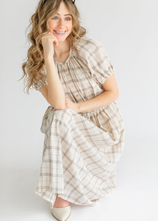 Puff Sleeve Plaid Button Up Top FF Tops