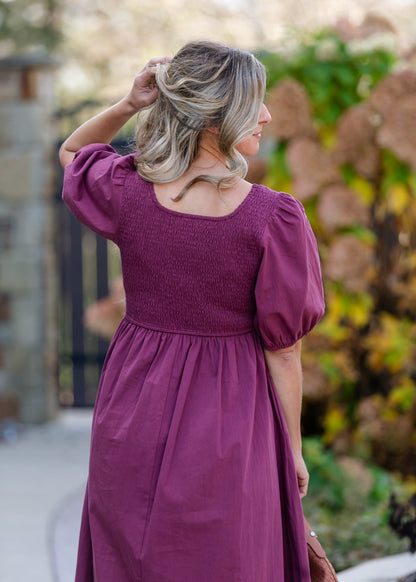 Puff Sleeve Pleated Waist Midi Dress FF Dresses