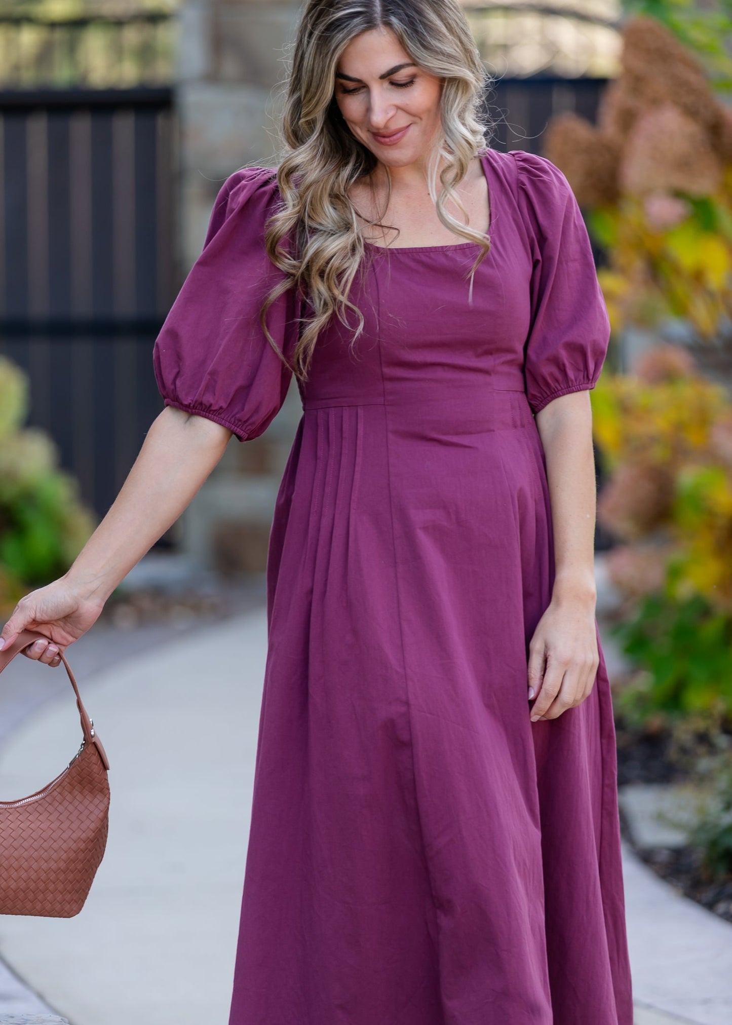 Puff Sleeve Pleated Waist Midi Dress FF Dresses