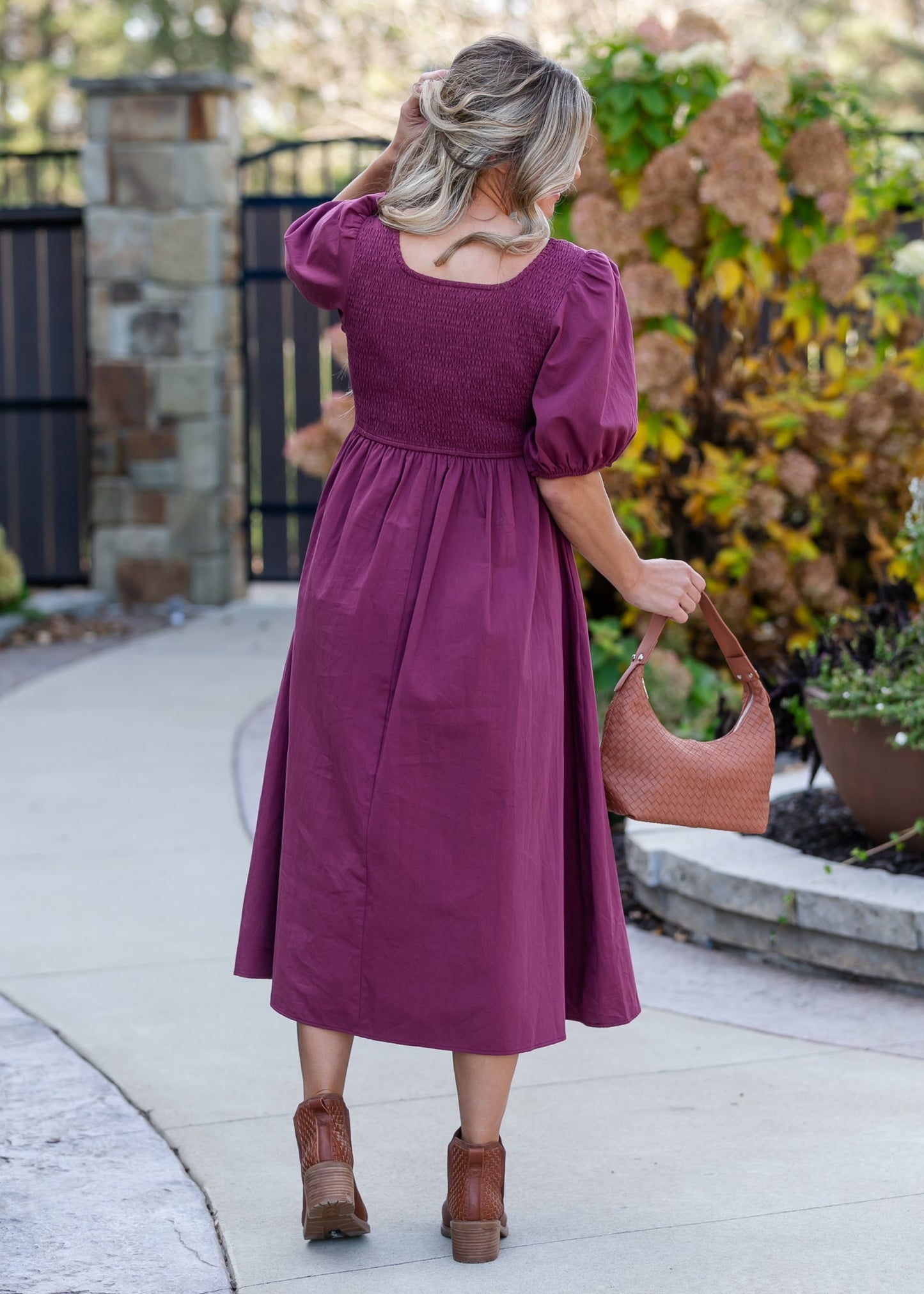 Puff Sleeve Pleated Waist Midi Dress FF Dresses
