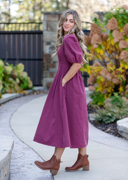 Puff Sleeve Pleated Waist Midi Dress FF Dresses