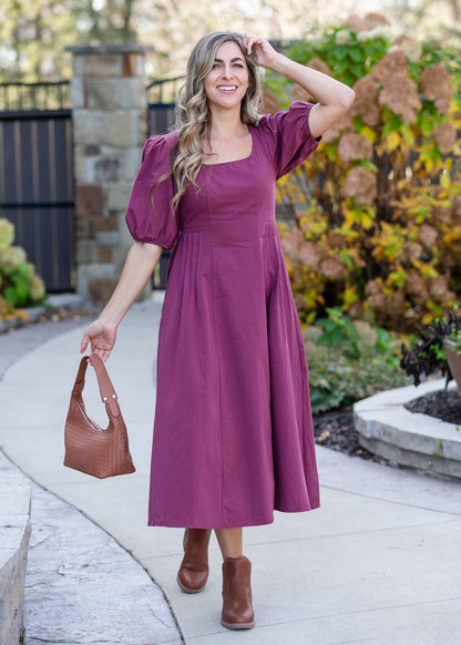 Puff Sleeve Pleated Waist Midi Dress FF Dresses