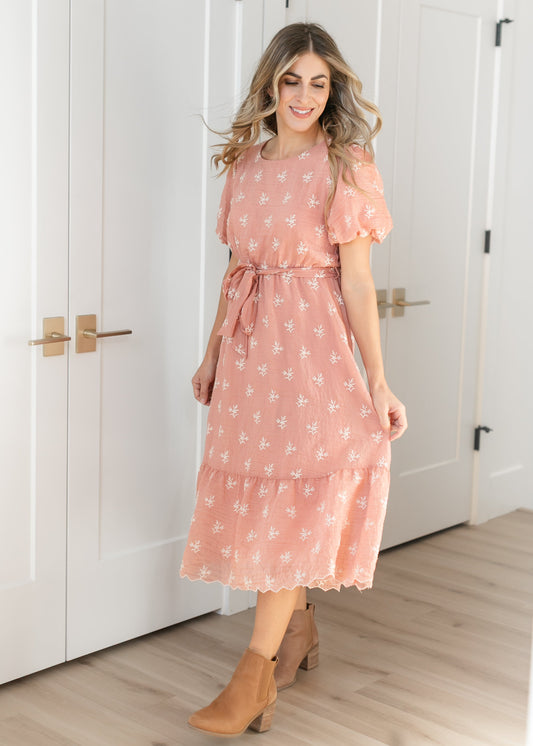 Puff Sleeve Tie Waist Embroidered Midi Dress FF Dresses