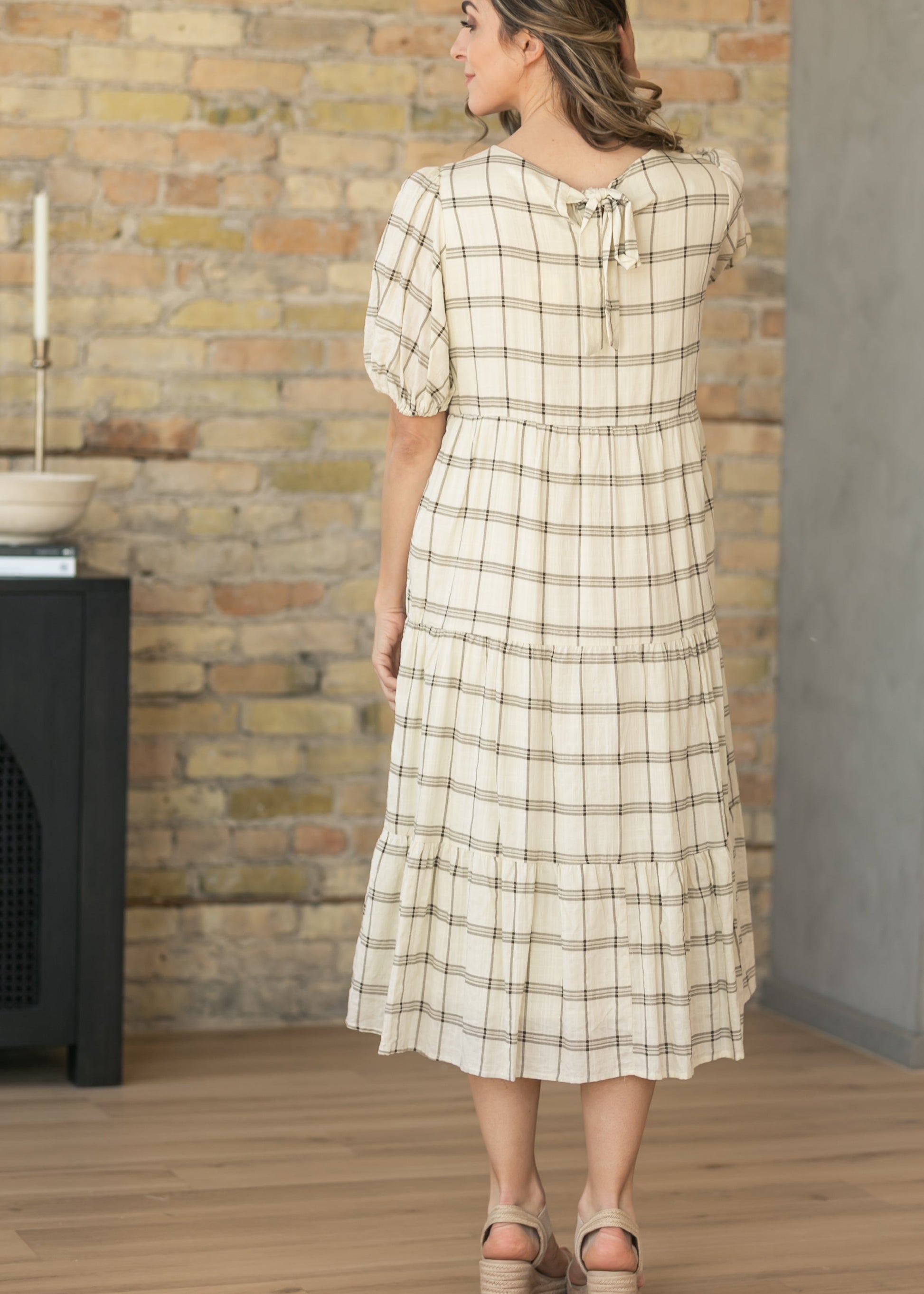 Puff Sleeve Windowpane Maxi Dress FF Dresses