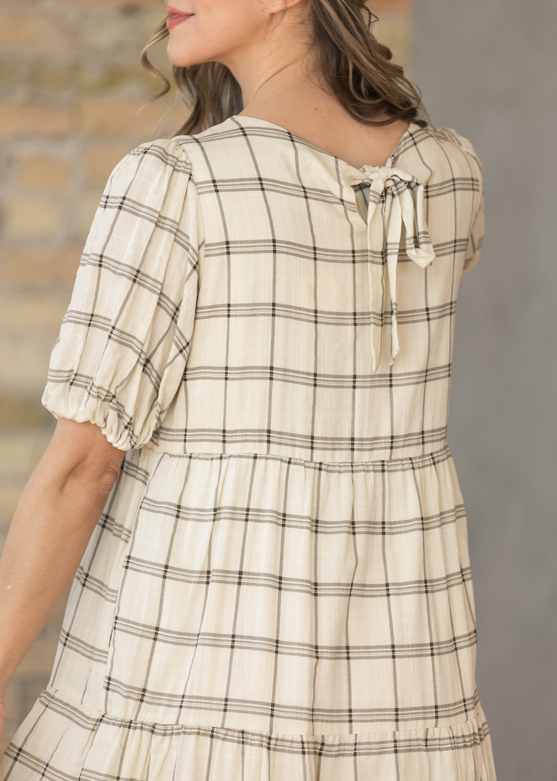 Puff Sleeve Windowpane Maxi Dress FF Dresses