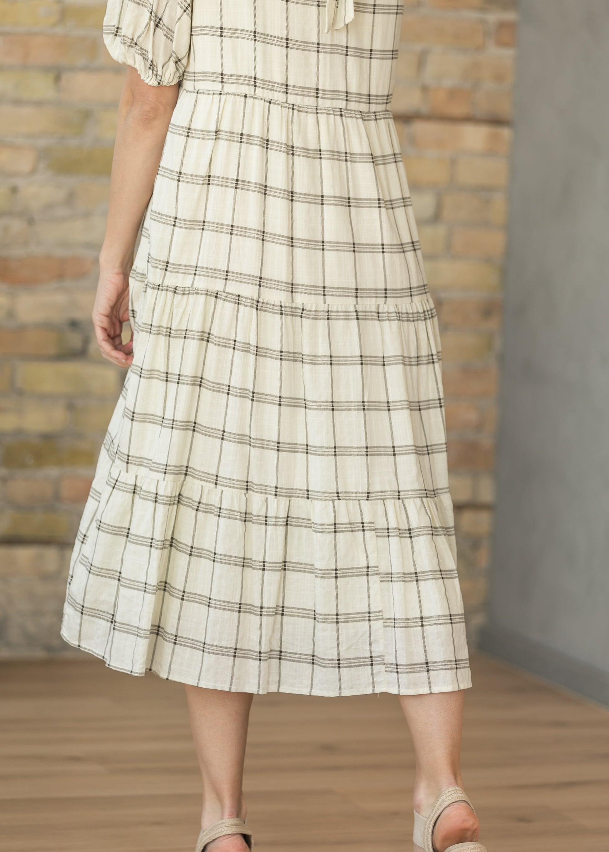 Puff Sleeve Windowpane Maxi Dress FF Dresses