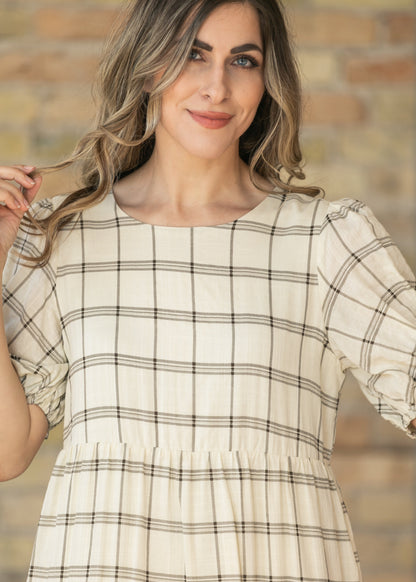 Puff Sleeve Windowpane Maxi Dress FF Dresses