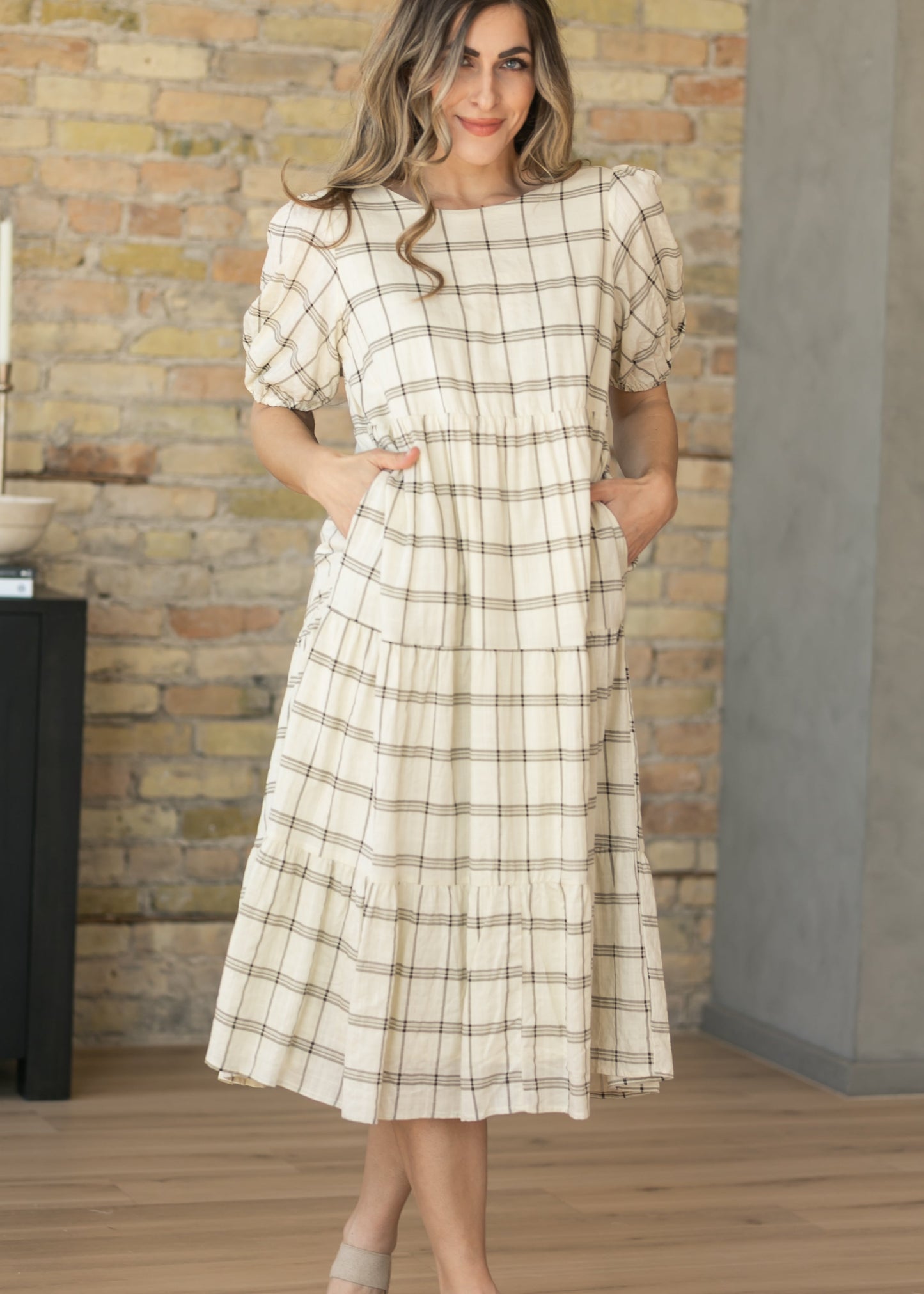 Puff Sleeve Windowpane Maxi Dress FF Dresses
