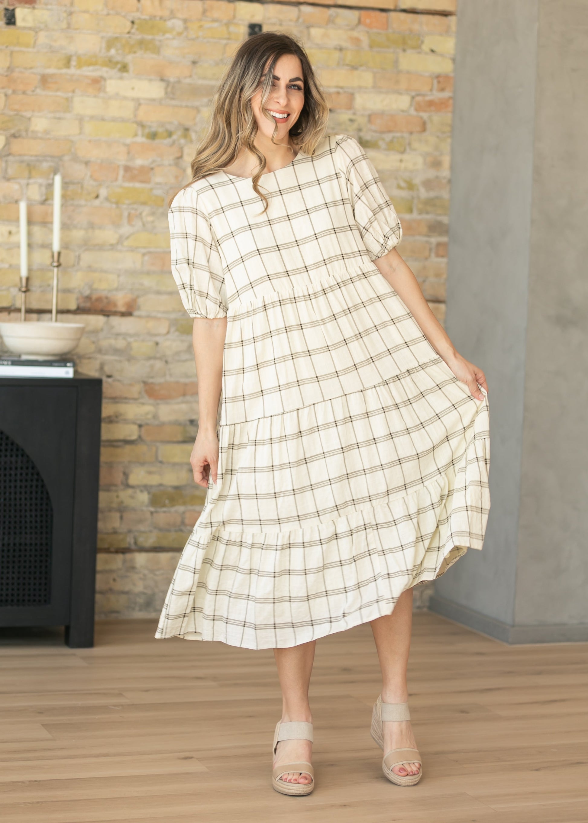 Puff Sleeve Windowpane Maxi Dress FF Dresses