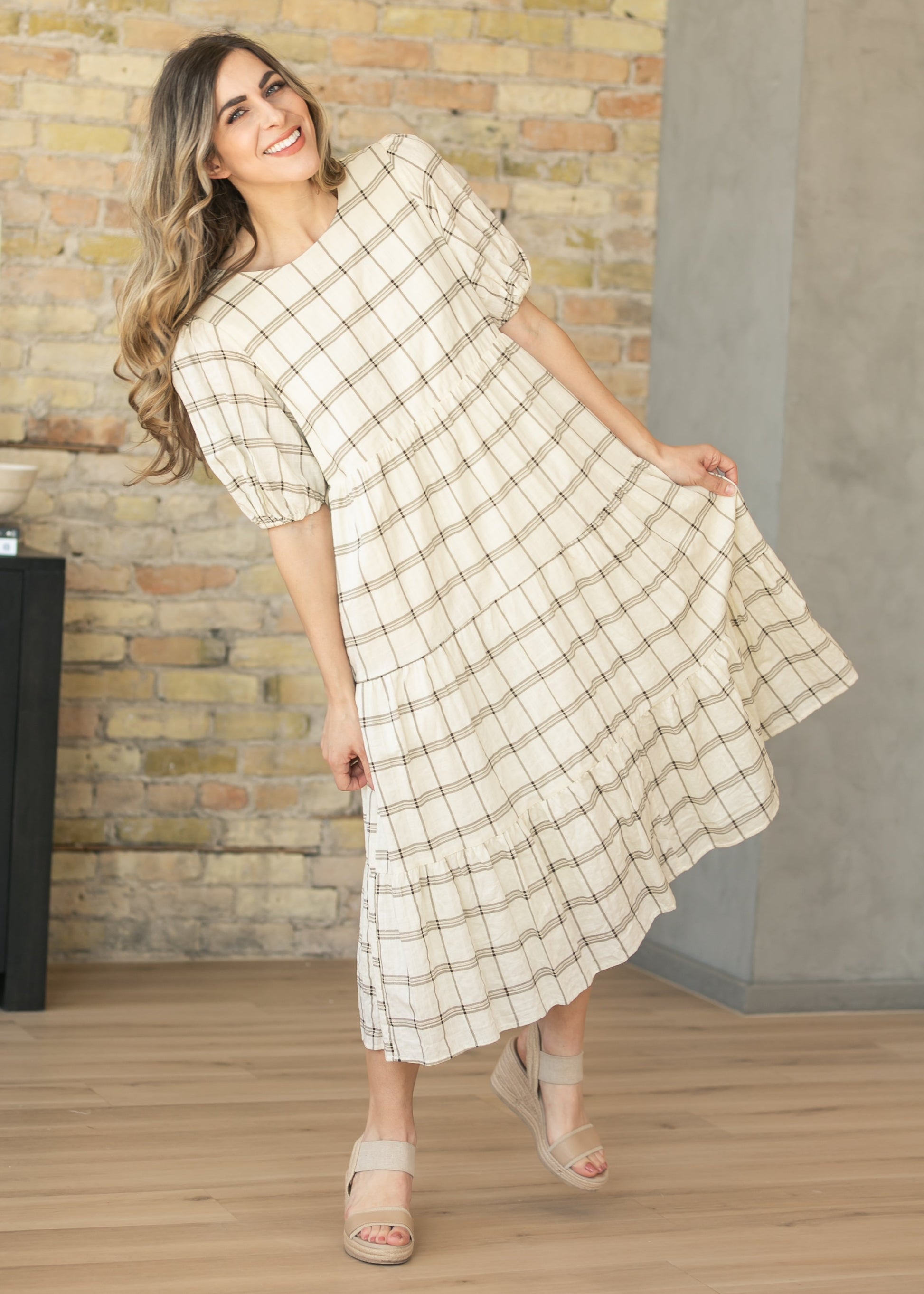 Puff Sleeve Windowpane Maxi Dress FF Dresses