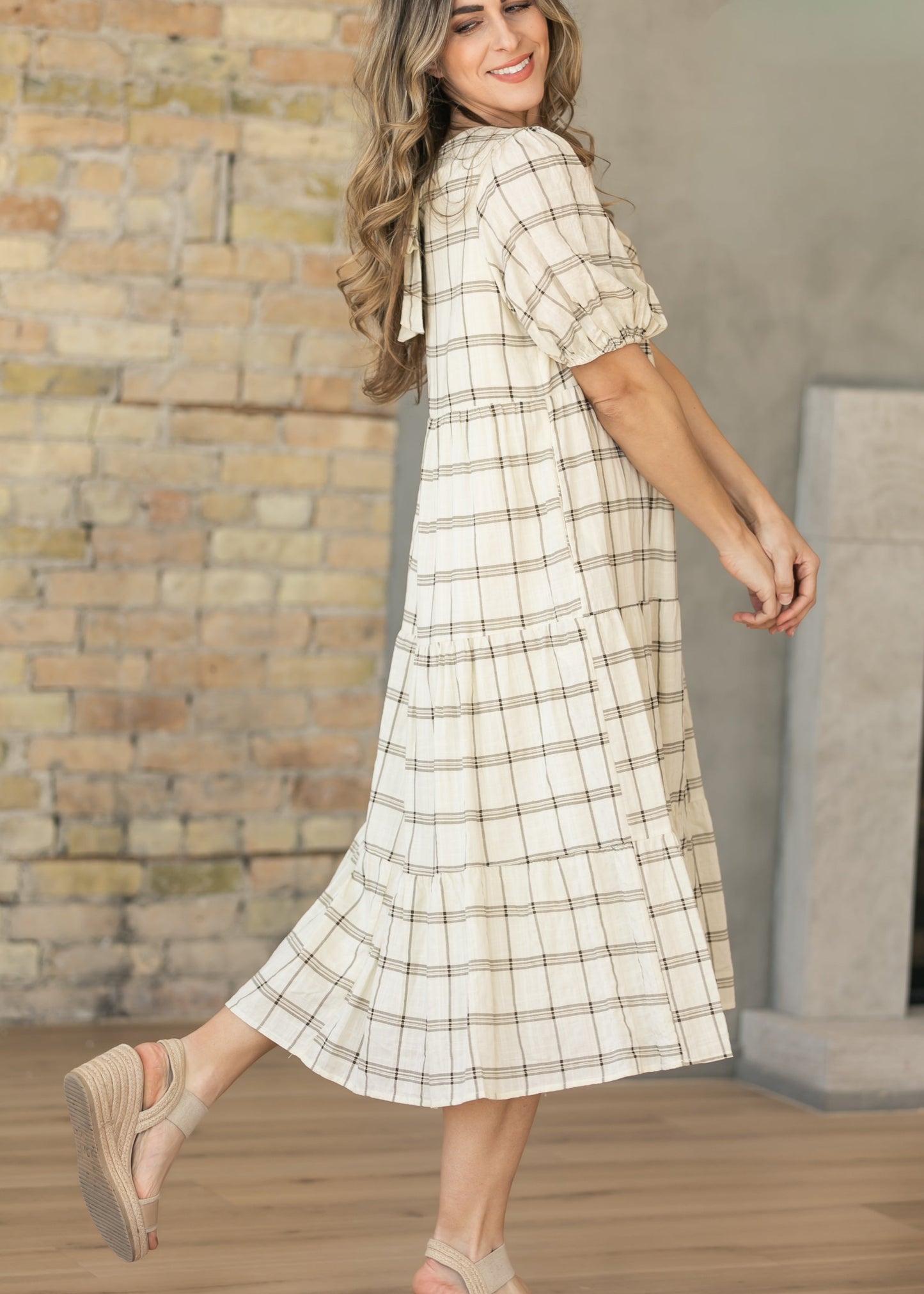 Puff Sleeve Windowpane Maxi Dress FF Dresses