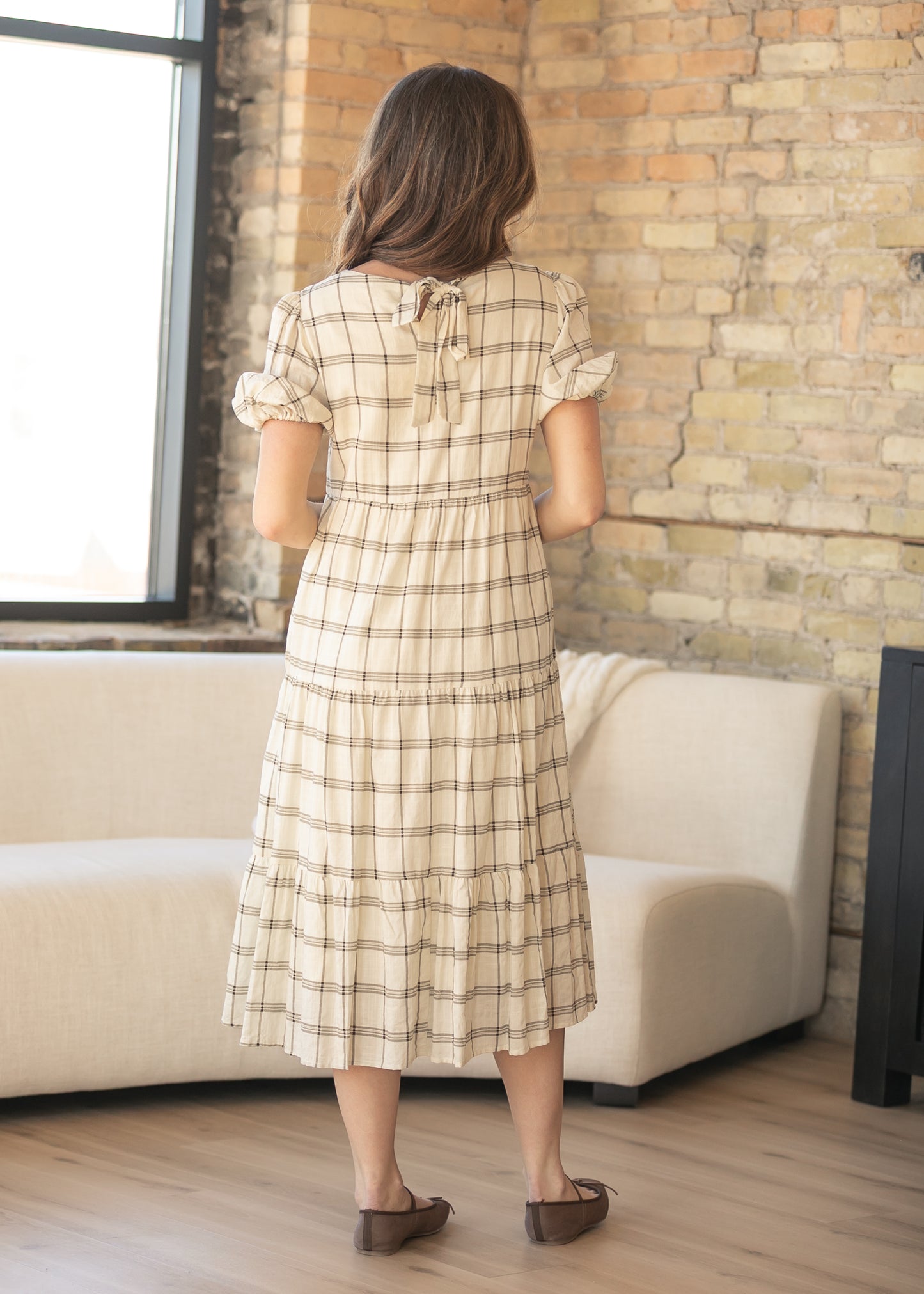 Puff Sleeve Windowpane Maxi Dress FF Dresses