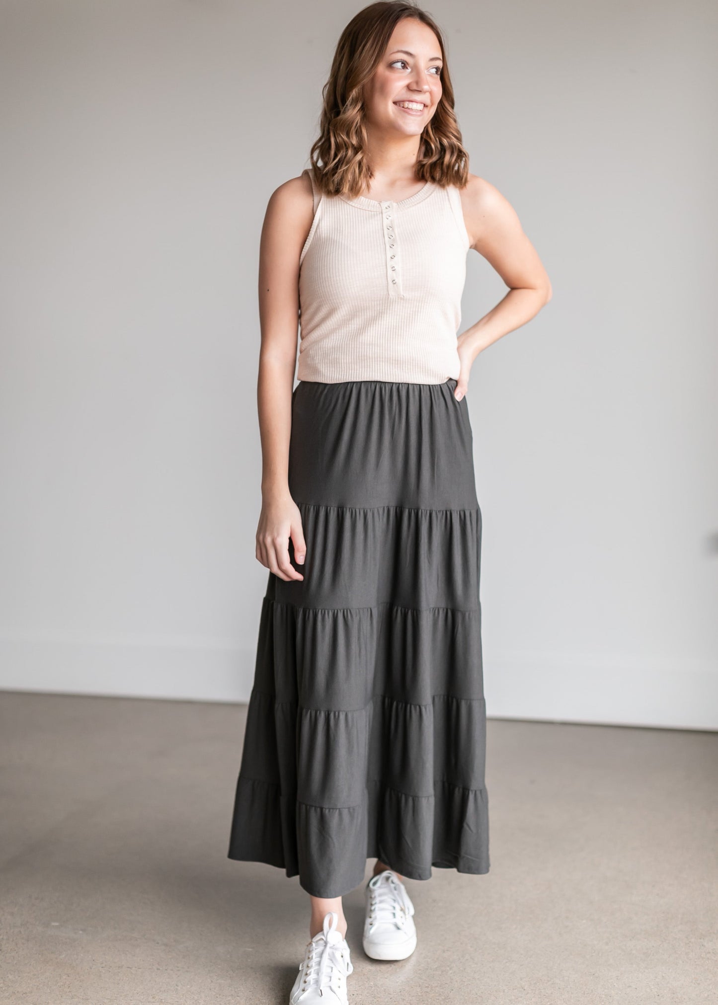 Pull-On Stretch Waist Tiered Maxi Skirt - FINAL SALE FF Skirts Charcoal / S