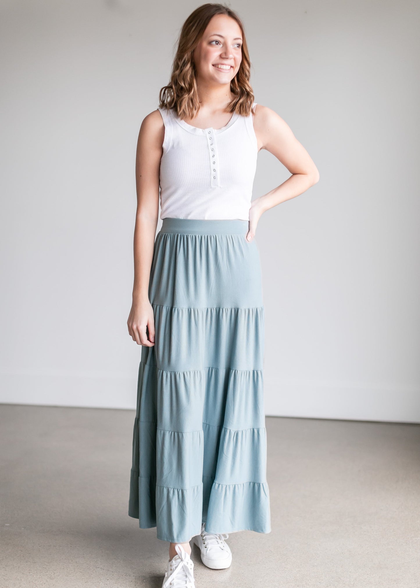 Pull-On Stretch Waist Tiered Maxi Skirt - FINAL SALE FF Skirts Dusty Blue / S