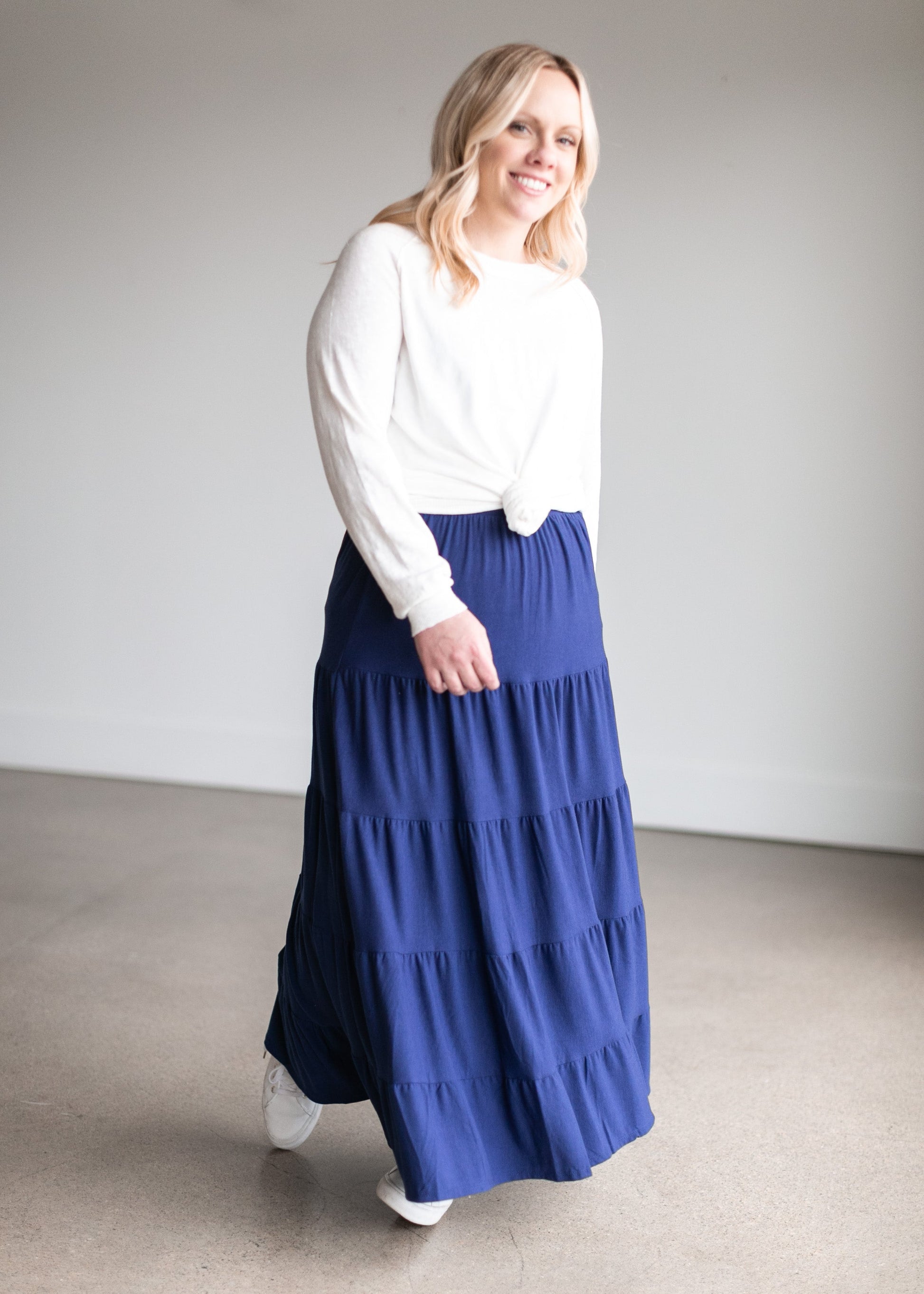 Pull-On Stretch Waist Tiered Maxi Skirt - FINAL SALE FF Skirts Navy / S