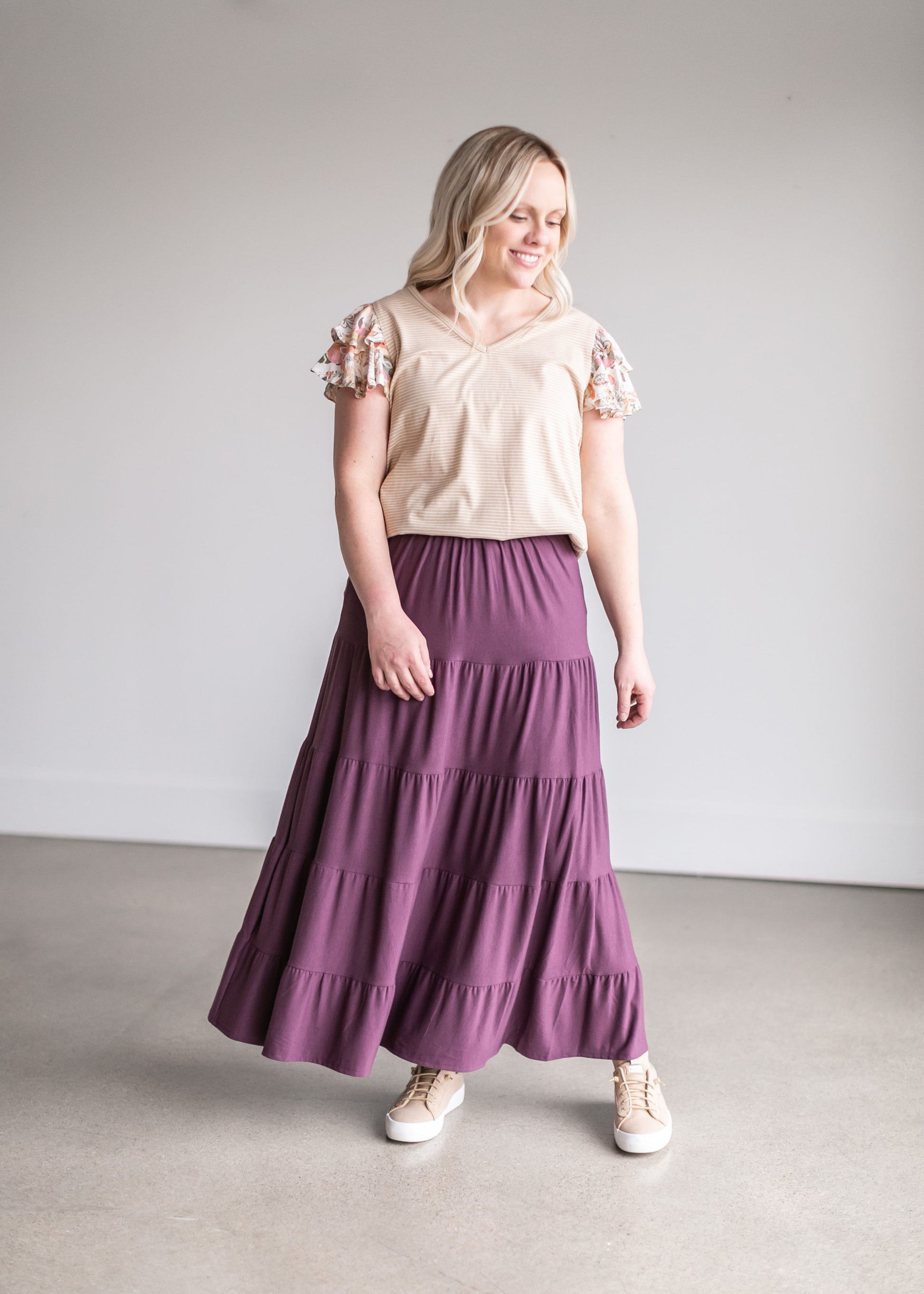 Pull-On Stretch Waist Tiered Maxi Skirt - FINAL SALE FF Skirts Plum / S